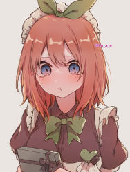 1girl :t badge blue_eyes blush bow bowtie button_badge closed_mouth collared_shirt commentary_request gift go-toubun_no_hanayome green_bow green_bowtie green_ribbon hair_between_eyes hair_ribbon highres holding holding_gift inami_koa looking_at_viewer maid_headdress medium_hair nakano_yotsuba orange_hair pout puffy_sleeves red_shirt ribbon sanpaku shirt short_sleeves solo twitter_username upper_body valentine white_background