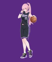 1girl ball basketball_(object) basketball_jersey basketball_uniform black_shorts breasts clothes_grab commentary english_commentary frown full_body highres holding holding_ball hololive hololive_english large_breasts long_hair mori_calliope national_basketball_association pink_eyes pink_hair ponytail purple_shoes sacramento_kings shirt_grab shoes shorts sneakers snkagawa solo sportswear virtual_youtuber wristband