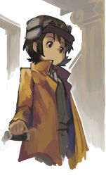 1girl absurdres brown_coat brown_eyes brown_hair closed_mouth coat from_side goggles goggles_on_headwear hermes_(kino_no_tabi) highres kino_(kino_no_tabi) kino_no_tabi kornod looking_ahead looking_to_the_side reverse_trap solo upper_body white_background