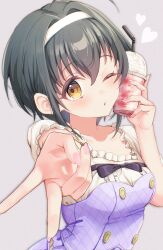 1girl ;o ahoge black_hair blush buttons collarbone commentary_request cup cup_to_cheek disposable_cup double-breasted drink drinking_straw fingernails foreshortening gyaru_v hair_intakes hairband heart highres idolmaster idolmaster_cinderella_girls kannadukiiru kohinata_miho looking_at_viewer nail_polish one_eye_closed short_hair solo upper_body v white_hairband