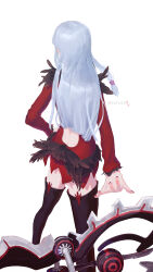 Rule 34 | 1girl, absurdres, agria (tales), back, back cutout, clothing cutout, commission, dress, dropped object, from behind, fu7444, fur trim, hair rings, heart, highres, long hair, nail polish, red dress, red nails, signature, simple background, skirt, solo, sword, tales of (series), tales of xillia, thighhighs, weapon, white background, white hair
