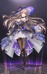 1girl bare_shoulders black_boots black_dress black_hat boots breasts brown_hair choker commentary_request detached_sleeves dress flower frilled_boots frills full_body hat hat_flower herta_(honkai:_star_rail) highres honkai:_star_rail honkai_(series) jewelry key key_choker key_necklace knee_boots long_hair looking_at_viewer necklace pantyhose parted_lips purple_eyes purple_flower purple_hat shirokuma_a smile solo standing the_herta_(honkai:_star_rail) very_long_hair witch_hat