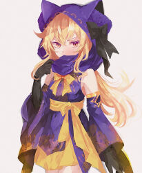 1girl animal_ear_hood blonde_hair bow character_request check_character dan_(syet) delcatty detached_sleeves elbow_gloves fake_animal_ears gen_3_pokemon gloves hand_up highres hood long_hair looking_at_viewer nintendo personification pokemon simple_background solo standing white_background yellow_bow