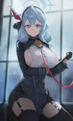 1girl absurdres ako_(blue_archive) bell black_garter_straps black_gloves black_thighhighs blue_archive blue_dress blue_eyes blue_hair blue_halo breasts commentary_request cowbell dress garter_straps gloves halo highres holding holding_notepad indoors jianjia kneeling leash notepad sideboob solo sweatdrop thighhighs thighs