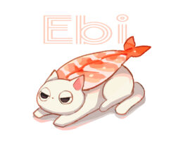 animal_focus cat commentary food_name half-closed_eyes no_humans original shrimp simple_background suzaku_(zaku6584) white_background
