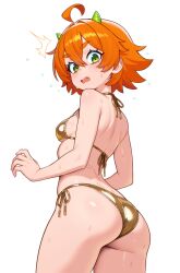 1girl ^^^ absurdres ahoge ass bikini breasts commentary cowboy_shot crossed_bangs demon_horns double-parted_bangs english_commentary flying_sweatdrops from_behind gold_bikini golden_week green_eyes green_horns hair_between_eyes halterneck highres horns looking_at_viewer looking_back medium_breasts momo_(moursho) moursho open_mouth orange_hair original short_hair shoulder_blades side-tie_bikini_bottom sideboob simple_background small_breasts solo spiked_hair standing string_bikini surprised sweat swimsuit thick_eyebrows turning_head wavy_mouth white_background