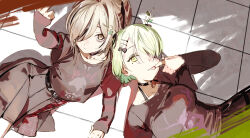 2girls :p antlers asymmetrical_bangs belt black_belt black_choker black_hair black_ribbon black_shirt black_skirt brown_eyes brown_hair ceres_fauna ceres_fauna_(goth) choker emo_fashion flower goth_fashion green_hair hair_flower hair_ornament hair_over_one_eye hair_ribbon heart heart_choker highres hololive hololive_english horns jewelry layered_sleeves long_bangs long_hair long_sleeves looking_at_viewer lying miniskirt multicolored_hair multiple_girls nanashi_mumei nanashi_mumei_(emo) necklace nightmare_(nanashi_mumei) o-ring o-ring_choker official_alternate_costume official_alternate_hairstyle on_back pako_(pakosun) pendant_choker pleated_skirt print_shirt red_sweater ribbon shirt short_hair short_over_long_sleeves short_sleeves skirt streaked_hair striped_clothes striped_sweater sweater sweater_under_shirt t-shirt tongue tongue_out virtual_youtuber white_hair yellow_eyes