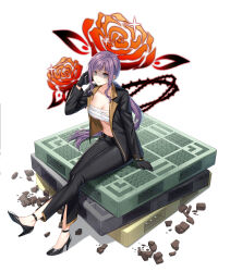 1girl aeri_(closers) black_gloves black_jacket black_pants black_shoes blue_eyes breasts chest_sarashi cleavage closed_mouth closers collarbone full_body gloves hand_up high_heels highres holding holding_phone jacket large_breasts long_hair long_sleeves looking_at_viewer low_ponytail mole mole_under_mouth navel official_art open_clothes open_jacket pants phone ponytail purple_hair sarashi shaded_face shoes simple_background sitting smile solo stomach very_long_hair white_background