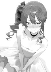 1girl absurdres alternate_costume blush choker dress flat_chest from_above greyscale hair_ornament highres hololive hoshimachi_suisei looking_at_viewer looking_up monochrome one_side_up serelith simple_background solo star-shaped_pupils star_(symbol) star_choker star_hair_ornament strapless strapless_dress symbol-shaped_pupils virtual_youtuber white_background