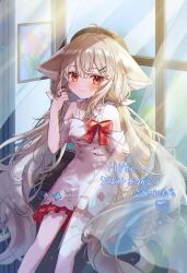 adjusting_hair ahoge animal_ear_fluff animal_ears asymmetrical_legwear bare_shoulders beret black_hat bow bowtie braid collar collarbone commission curtains dress feet_out_of_frame floating_curtains floral_print fox_ears fox_girl fox_tail hair_between_eyes hair_ornament hairclip hand_up hat highres large_ears large_tail leaning_back light long_hair looking_at_viewer low_twintails off-shoulder_dress off_shoulder original red_bow red_eyes red_ribbon ribbon sakurada_shiro_(autumn)_(hy_plus) sakurada_shiro_(hy_plus) shadow shinzousan short_dress side_braid single_thighhigh sitting skeb_commission smile sunlight tail thank_you thighhighs twintails uneven_legwear very_long_hair white_bow white_collar white_dress white_hair white_thighhighs wind window