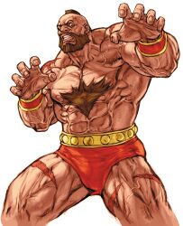 1boy abs beard brown_hair capcom capcom_vs_snk_2 facial_hair full_beard game_cg highres male_focus mohawk muscular muscular_male navel nipples nishimura_kinu non-web_source official_art pectorals scar scar_on_leg scar_on_shoulder shredded_muscles solo street_fighter thick_chest_hair thick_thighs thighs third-party_source topless_male veins veiny_arms veiny_thighs white_background wrestling_outfit wristband zangief