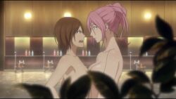 2girls aida_riko angry animated asymmetrical_docking audible_speech bouncing_breasts breast_press breasts brown_eyes brown_hair convenient_censoring english_audio highres kuroko_no_basuke large_breasts leaning_forward lowres medium_breasts momoi_satsuki multiple_girls no_nipples nude onsen out-of-frame_censoring partially_submerged pink_eyes pink_hair ponytail screencap short_hair sound tagme video water wet
