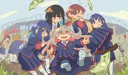 6+girls :t @_@ absurdres aqua_hair banknote barbed_wire black_hair black_jacket black_pantyhose black_skirt blue_eyes blue_hair blunt_bangs blunt_ends blush_stickers brown_eyes brown_hair colored_inner_hair commentary day enosawari flying_sweatdrops fujimi_nemu fushimi_nodoka genderswap genderswap_(mtf) grass grey_hair hair_between_eyes hair_ornament hairclip highres hozuki_momiji jacket kabedon kneehighs long_hair long_sleeves money multicolored_hair multiple_girls murosaki_miyo o_o oka_asahi onii-chan_wa_oshimai! orange_eyes orange_hair outdoors oyama_mahiro pantyhose pink_hair pleated_skirt pout red_hair school_uniform shirt short_hair skirt socks tachikawa_aoi tenkawa_nayuta two-tone_hair two_side_up white_shirt white_socks wing_collar