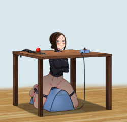 1girl absurdres bdsm blush bottomless brown_eyes brown_hair commission eudetenis full_body glasses highres indoors medium_hair navel original pussy riding_machine second-party_source sex_machine sex_toy sybian table tagme vibrator wooden_floor yuriko_(pretzelfan)