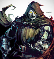 1boy armor artist_name belt black_belt black_cloak black_tunic cloak commentary_request doctor_doom fantastic_four full_armor hood hood_up hooded_cloak k-suwabe male_focus marvel simple_background solo tunic white_background