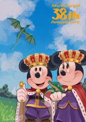 1boy 1girl animal_ears bow brown_eyes crown dragon dress gloves highres looking_at_viewer mickey_mouse mickey_mouse_&amp;_friends minnie_mouse open_mouth pants shirt smile takatmaorange white_gloves