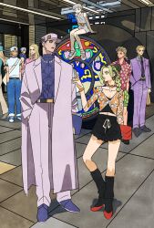 1girl 6+boys belt black_shorts blue_eyes braid braided_ponytail closed_mouth coat commentary_request denim eye_contact father_and_daughter formal_clothes full_body funny_valentine giorno_giovanna green_hair green_shirt green_shorts gyro_zeppeli hands_in_pockets hat highres jeans jewelry jodio_joestar johnny_joestar jojo_no_kimyou_na_bouken kira_yoshikage kneehighs kuujou_jolyne kuujou_joutarou long_hair long_sleeves looking_at_another multicolored_hair multiple_boys necklace necktie pants purple_coat purple_suit sandals shirt shorts sidelocks sitting smile socks suit takeuchi_ryousuke two-tone_hair