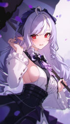 1girl absurdres ahoge ascot black_hairband black_nails black_skirt blush breasts center_frills commentary_request diamond-shaped_pupils diamond_(shape) dress drill_hair drill_sidelocks falling_petals frilled_hairband frilled_sleeves frills gem hairband hand_up high-waist_skirt highres holding holding_umbrella large_breasts long_hair long_sleeves looking_at_viewer mole mole_under_eye nail_polish petals pointy_ears purple_ascot purple_gemstone purple_hair purple_umbrella red_eyes shali shirt shirt_tucked_in shrug_(clothing) sideboob sideless_shirt sidelocks skirt solo symbol-shaped_pupils twin_drills umbrella very_long_hair vivian_banshee wavy_mouth white_background white_shirt white_shrug wide_sleeves zenless_zone_zero