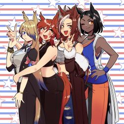 4girls american_flag american_flag_print animal_ears armband basketball_jersey black_coat black_hair black_pants black_ribbon black_shirt blonde_hair blue_eyes blue_hair blue_pants bob_cut bracelet brown_eyes brown_hair butler closed_mouth coat coattails dark-skinned_female dark_skin dress_shirt fishnet_top fishnets flag_print formal_clothes fur-trimmed_coat fur_trim grey_vest hand_on_own_hip highres hood hood_down hooded_shirt horse_ears horse_girl horse_tail hug hug_from_behind jewelry long_hair long_sleeves looking_at_viewer medium_hair michelle_my_baby_(umamusume) midriff multicolored_hair multiple_girls navel neck_ribbon obey_your_master_(umamusume) off_shoulder one_eye_closed open_mouth orange_pants pants piercing red_eyes red_hair ribbon ring sharp_teeth shirt short_twintails sleeveless sleeveless_shirt smile standing star-shaped_pupils star_(symbol) streaked_hair striped_background swept_bangs symbol-shaped_pupils tail teeth thief_crow_(umamusume) tira_(tira_e) tongue_piercing torn_clothes torn_pants trait_connection tuxedo twintails two-tone_hair umamusume umamusume:_cinderella_gray v vest w white_shirt wing_collar yellow_eyes