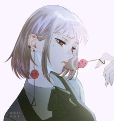 1girl absurdres artist_name chainsaw_man commentary earrings fami_(chainsaw_man) fourth_east_high_school_uniform highres jewelry mole mole_under_eye pochita_(chainsaw_man) rikainot ringed_eyes school_uniform short_hair solo tassel tassel_earrings