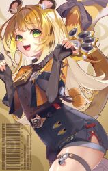 1girl animal_ear_fluff animal_ears black_gloves bow claw_(weapon) elbow_gloves fang fingerless_gloves gloves green_eyes high-waist_shorts highres jacket ju_fufu long_hair orange_fur rin_gotarou shorts smile striped_fur tail tail_bow tail_ornament thigh_strap tiger_ears tiger_girl tiger_stripes tiger_tail weapon yellow_jacket zenless_zone_zero