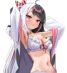 1girl ahoge arms_behind_head arms_up bare_shoulders bikini black_hair breasts bright_pupils cleavage closed_mouth commentary_request frilled_bikini frills hair_ornament jacket kanzarin large_breasts long_hair looking_at_viewer multicolored_hair navel nijisanji official_alternate_costume official_alternate_hairstyle one_side_up open_clothes open_jacket pink_hair rabbit_hair_ornament red_eyes simple_background smile solo split-color_hair stomach streaked_hair swimsuit upper_body virtual_youtuber wet white_background white_hair white_jacket white_pupils yorumi_rena yorumi_rena_(7th_costume)