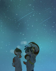 2boys :3 backpack bag black_hair blueberry_academy_school_uniform blush breath brown_hair closed_eyes commentary_request dezigos7hi98358 florian_(pokemon) furret gen_2_pokemon gloves hairband highres jacket kieran_(pokemon) long_sleeves male_focus mole mole_on_neck multiple_boys night night_sky nintendo open_mouth outdoors pokemon pokemon_(creature) pokemon_sv purple_hair red_gloves school_uniform shirt shooting_star shorts single_glove sky star_(sky) starry_sky yellow_hairband