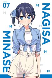 1girl arms_behind_back blue_eyes blue_hair blue_ribbon blush buttons closed_mouth collarbone collared_shirt female_focus hair_ribbon hand_on_own_arm high-waist_shorts highres hiroyuki holding_own_arm kanojo_mo_kanojo long_sleeves looking_at_viewer minase_nagisa official_art ribbon shirt shirt_tucked_in short_hair shorts side_ponytail smile solo solo_focus t-shirt tied_shirt white_shirt white_shorts