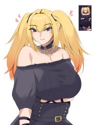1girl absurdres alternate_breast_size ani_(xai) ani_(xai)_(cosplay) black_corset black_dress blonde_hair blue_eyes blush breasts corset cosplay dress edelweiss17701 elon_musk gloves grok_(xai) highres huge_breasts looking_at_viewer pixiv simple_background smile twintails twitter xai_(company)