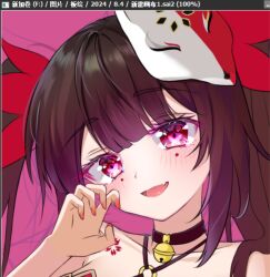 1girl bare_shoulders bell black_choker brown_hair choker dress fox_mask halterneck honkai:_star_rail honkai_(series) long_hair looking_at_viewer mask mask_on_head neck_bell open_mouth pfews pink_eyes smile solo sparkle_(honkai:_star_rail) twintails