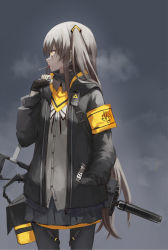 1girl 2017 ammunition_pouch armband black_gloves bright_pupils brown_hair buttons candy cardigan commentary_request cowboy_shot emblem emblem_request expressionless female_focus fingerless_gloves food girls&#039;_frontline gloves glowing glowing_eye grey_background grey_cardigan grey_hair grey_shirt grey_skirt gun h&amp;k_ump hand_in_pocket highres holding_strap hood hooded_jacket jacket leris_muma lollipop long_hair looking_away looking_to_the_side neck_ribbon painttool_sai_(medium) pantyhose partially_unbuttoned pleated_skirt pouch profile ribbon scar scar_across_eye scar_on_face shirt side_ponytail sidelocks simple_background skirt solo standing submachine_gun thigh_strap ump45_(girls&#039;_frontline) very_long_hair weapon white_pupils zipper