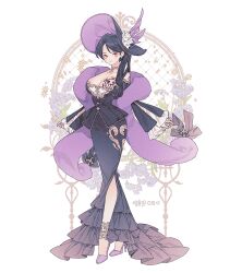 Rule 34 | 1girl, black hair, bow, breasts, dress, floral background, flower, frilled dress, frills, full body, gloves, gradient clothes, gradient dress, hat, jewelry, large breasts, lemon89h, long hair, looking at viewer, original, purple dress, purple hat, rococo movement, solo