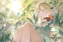 1girl aqua_dress bare_legs blonde_hair blue_eyes bug butterfly choker closed_eyes collarbone commentary_request day dress feet_out_of_frame frilled_dress frills hair_between_eyes highres insect knees_up light_rays long_hair looking_to_the_side mini_person minigirl original outdoors pointy_ears red_choker shio_(s_alt_shio) short_sleeves sitting solo sunbeam sunlight very_long_hair