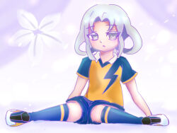 1girl akasode_matsuri_(inazuma_eleven) blue_shirt blue_shorts blue_socks collar flat_chest grey_eyes grey_hair hakkou_soft inazuma_eleven_(series) inazuma_eleven_victory_road large_variant_set medium_hair parted_lips raimon raimon_soccer_uniform shirt short_sleeves shorts sidelocks sitting soccer_uniform socks solo sportswear two-tone_shirt variant_set white_collar yellow_shirt