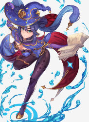 1girl :o black_hair book breasts cape floating_hair full_body genshin_impact gloves gold green_eyes hanging_breasts hat large_breasts long_hair magic mona_(genshin_impact) one_leg_raised pantyhose takinashi_(friend_coffee) twintails water water_drop white_background witch_hat