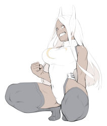1girl animal_ears bare_shoulders boku_no_hero_academia breasts commentary_request dark-skinned_female dark_skin dyun full_body heattech_leotard large_breasts leotard long_hair looking_at_viewer mirko rabbit_ears rabbit_girl rabbit_tail red_eyes simple_background sleeveless solo squatting tail teeth thighhighs turtleneck white_background white_hair