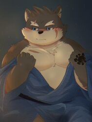 1boy absurdres bara blue_eyes bulge closed_mouth furry furry_male hand_tattoo highres large_pectorals male_focus moritaka_(housamo) pectorals scar scar_across_eyebrow scar_on_chest scar_on_face solo tattoo tokyo_houkago_summoners undressing wolf_boy zuboboz