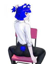1girl adjusting_hair animal_ear_fluff animal_ears arm_behind_back arm_support arm_up ass bear_ears bear_girl bear_tail black_pants blue_tail blunt_bangs blunt_ends blunt_sidelocks chair closed_mouth clothing_cutout collared_shirt commentary english_commentary eyebrows_hidden_by_hair feet_out_of_frame from_behind gris_(vertigris) hair_tie_in_mouth half-closed_eyes half_updo hand_in_own_hair high-waist_pants highres long_eyelashes long_sleeves looking_at_viewer looking_back mouth_hold on_chair original pants pink_eyes ponytail profile raised_eyebrows revision shirt shirt_tucked_in short_hair short_ponytail short_tail sidelocks simple_background sitting sitting_backwards sleeves_rolled_up solo spread_legs straddling tail tail_through_clothes thick_eyelashes thighs vertigris white_background white_shirt