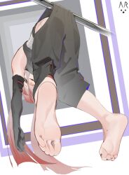 1girl animated animated_gif arknights armpits barefoot black_gloves breasts clothing_cutout elbow_gloves feet foot_focus foreshortening from_behind gloves gradient_hair grey_pants knees_together_feet_apart live2d long_hair looping_animation medium_breasts midair mole_on_foot multicolored_hair nadin_(arknights) nail_polish open_mouth pants pink_hair red_eyes scar soles solo thigh_cutout toe_scrunch toenail_polish toenails toes twintails v.a._(vanilla)