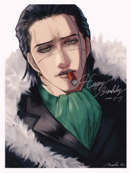 1boy absurdres ascot black_hair cigar commentary commentary_request crocodile_(one_piece) dated earrings english_commentary english_text green_ascot hair_slicked_back happy_birthday highres jewelry male_focus mixed-language_commentary miyoko_0509 mouth_hold one_piece open_mouth short_hair signature single_earring solo stitched_face stitches teeth yellow_eyes