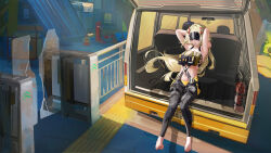 1girl absurdres adjusting_hair armpits barefoot black_pants blonde_hair bulletproof_vest camouflage camouflage_pants car car_interior chinese_commentary commentary_request duan_zhu_ya eye_mask feet fire_extinguisher hair_tie_in_mouth highres long_hair motor_vehicle mouth_hold navel outdoors pants sitting solo stomach toes trigger_(zenless_zone_zero) zenless_zone_zero