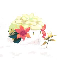 animal_focus artist_name closed_mouth colored_skin flower gen_4_pokemon green_eyes green_hair highres leaf legendary_pokemon mythical_pokemon nintendo no_humans pokemon pokemon_(creature) red_flower shaymin shaymin_(land) simple_background su_(sajo_su5) twitter_username white_background white_skin