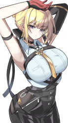 1girl absurdres arm_strap armpits arms_up black_choker black_gloves blonde_hair breasts chest_harness choker collared_shirt cowboy_shot elbow_gloves evelyn_chevalier fahufahu gloves half_gloves harness high-waist_pants highres large_breasts latex_pants necktie pants purple_eyes shirt single_elbow_glove single_half_glove tight_clothes tight_pants white_background white_shirt yellow_necktie zenless_zone_zero