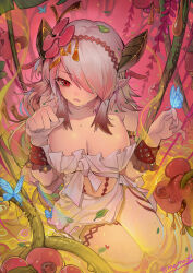 1girl absurdres bare_shoulders breasts cleavage dress duel_monster flower hair_flower hair_ornament hair_over_one_eye highres large_breasts long_hair mamayu multicolored_hair navel nectar open_mouth pink_hair pointy_ears red_eyes solo strapless traptrix_pinguicula tube_top twitter_username white_tube_top yu-gi-oh!