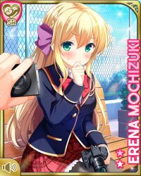 1girl bench blazer blonde_hair blue_jacket blush bow bowtie braid breasts card_(medium) closed_mouth cyberagent day female_focus finger_to_own_chin frilled_skirt frills girlfriend_(kari) green_eyes hair_ribbon jacket large_breasts long_hair mochizuki_erena official_art outdoors park_bench plaid_clothes plaid_skirt pleated_skirt qp:flapper red_bow red_skirt ribbon school_uniform shirt sitting skirt tagme thinking white_shirt