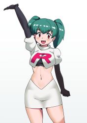 1girl :d arm_up black_gloves blush breasts brown_eyes commentary_request cosplay cropped_jacket duplica_(pokemon) elbow_gloves game_freak gloves green_hair jacket jessie_(pokemon) jessie_(pokemon)_(cosplay) logo makino_harumaki midriff navel nintendo open_mouth pokemon pokemon_(anime) pokemon_(classic_anime) simple_background skirt smile solo team_rocket team_rocket_uniform tongue twintails white_background white_jacket white_skirt
