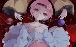 2girls absurdres blouse blue_shirt buttons closed_mouth collarbone commentary dot_nose expressionless eyeball frilled_shirt_collar frills from_above hair_between_eyes hair_ornament hairband head_tilt heart heart_button heart_hair_ornament highres komeiji_koishi komeiji_satori long_sleeves lying mikunxq73 multiple_girls on_back petals pink_eyes pink_hair pink_skirt sanpaku shirt short_hair skirt solo_focus string_around_neck symbol-only_commentary tears third_eye tile_floor tiles touhou upper_body wide_sleeves yellow_shirt