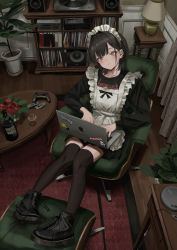 1girl absurdres ankle_boots apple_inc. apron armchair band_shirt black_boots black_shirt black_skirt black_thighhighs blush boots brown_thighhighs chair closed_mouth computer controller cup drinking_glass earrings flower footrest from_above game_controller gamepad gishiki_(gshk) glass hair_intakes head_tilt highres holding holding_laptop indoors jewelry jolly_roger lace-up_boots lamp laptop long_sleeves maid maid_apron maid_headdress merchandise metallica original phonograph plant potted_plant profanity red_flower shirt shot_glass sitting skirt smiley_face solo sony speaker sticker thighhighs white_apron wooden_floor yellow_eyes yin_yang