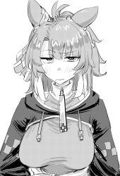1girl absurdres ahoge animal_ears blush breasts checkered_clothes dantsu_flame_(umamusume) ear_covers glaring hair_ornament highres horse_ears horse_girl murderdoll1641 oversized_zipper raised_eyebrows solo sweater swept_bangs tassel umamusume unamused wavy_mouth white_background zipper