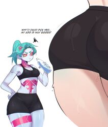 2girls absurdres anger_vein ass ass_envy ass_focus bike_shorts bottle breasts colored_sclera cyberpunk_(series) cyberpunk_edgerunners english_text fi_zz_ill green_eyes green_hair hand_on_own_hip highres huge_ass jealous long_hair lucy_(cyberpunk) midriff multiple_girls navel pale_skin ponytail pout rebecca_(cyberpunk) red_sclera small_breasts sports_bra squiggle stomach sweat tattoo thick_thighs thighs water_bottle white_background wide_hips workout_clothes